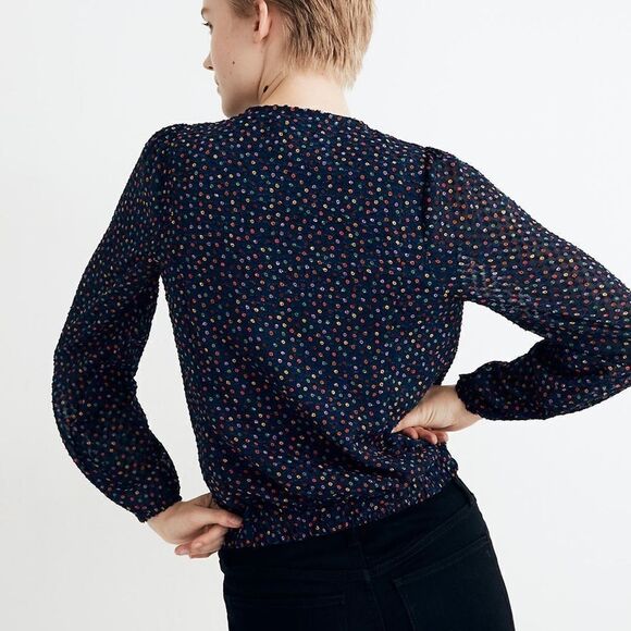 Madewell Lyric Wrap Surplice Neck Dot Long‎ Sleeve Top Blue Multi Size S EGUC - Picture 3 of 16